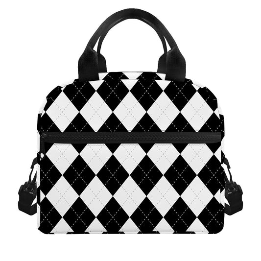 White And Black Argyle Pattern Print Insulated Lunch Bag