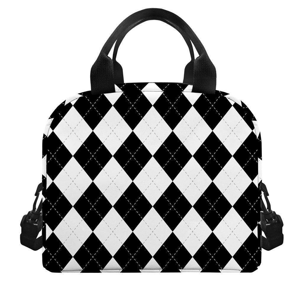 White And Black Argyle Pattern Print Insulated Lunch Bag