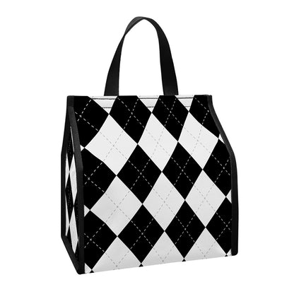 White And Black Argyle Pattern Print Insulated Lunch Tote