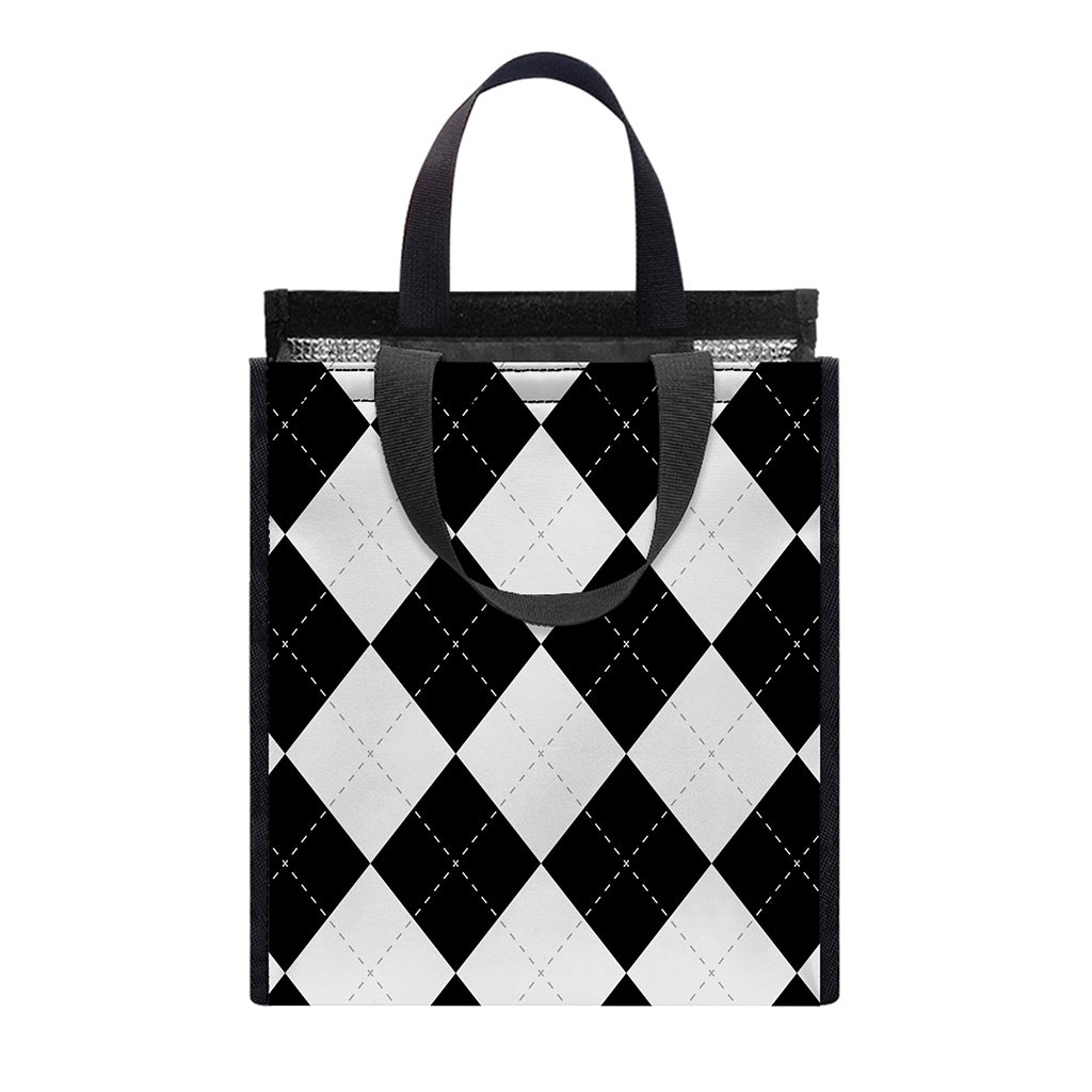 White And Black Argyle Pattern Print Insulated Lunch Tote