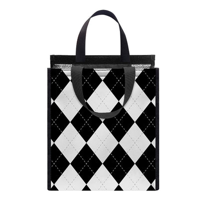 White And Black Argyle Pattern Print Insulated Lunch Tote