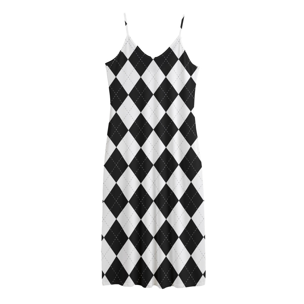 White And Black Argyle Pattern Print Jersey Midi Cami Dress