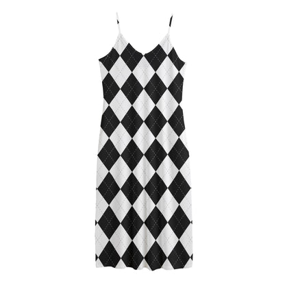White And Black Argyle Pattern Print Jersey Midi Cami Dress