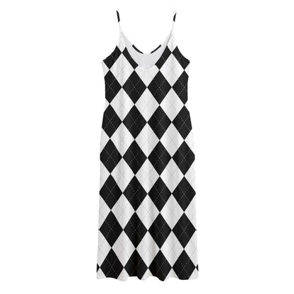 White And Black Argyle Pattern Print Jersey Midi Cami Dress