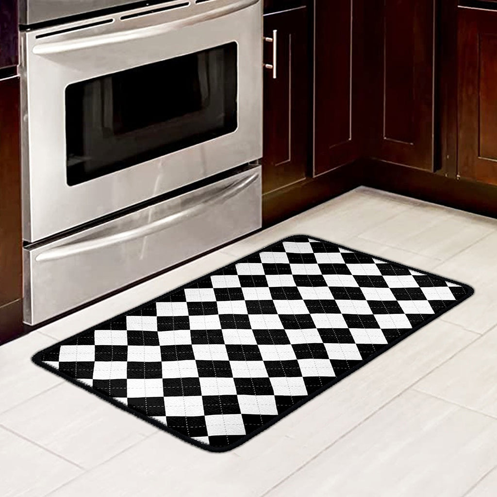 White And Black Argyle Pattern Print Kitchen Mat