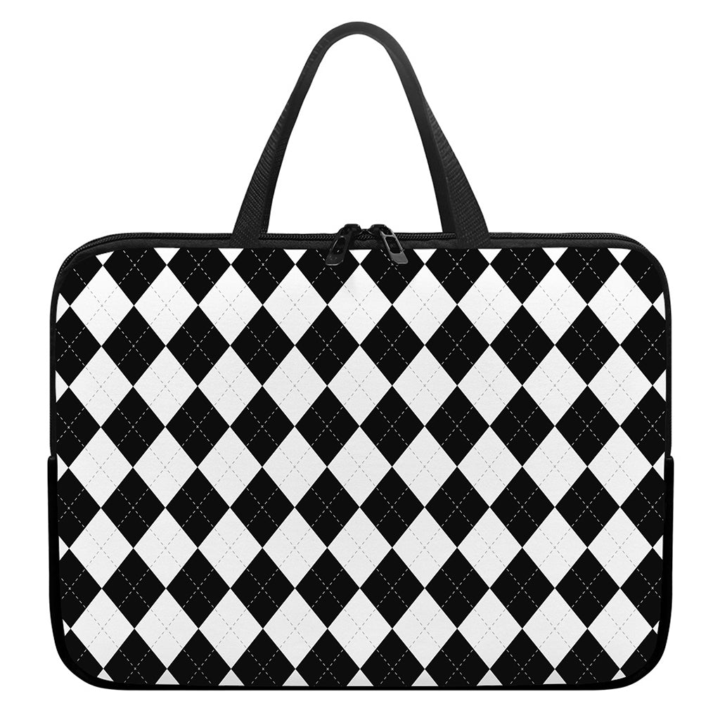 White And Black Argyle Pattern Print Laptop Sleeve With Handle