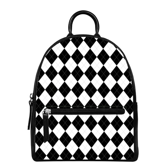 White And Black Argyle Pattern Print Leather Backpack