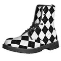 White And Black Argyle Pattern Print Lace-Up Boots