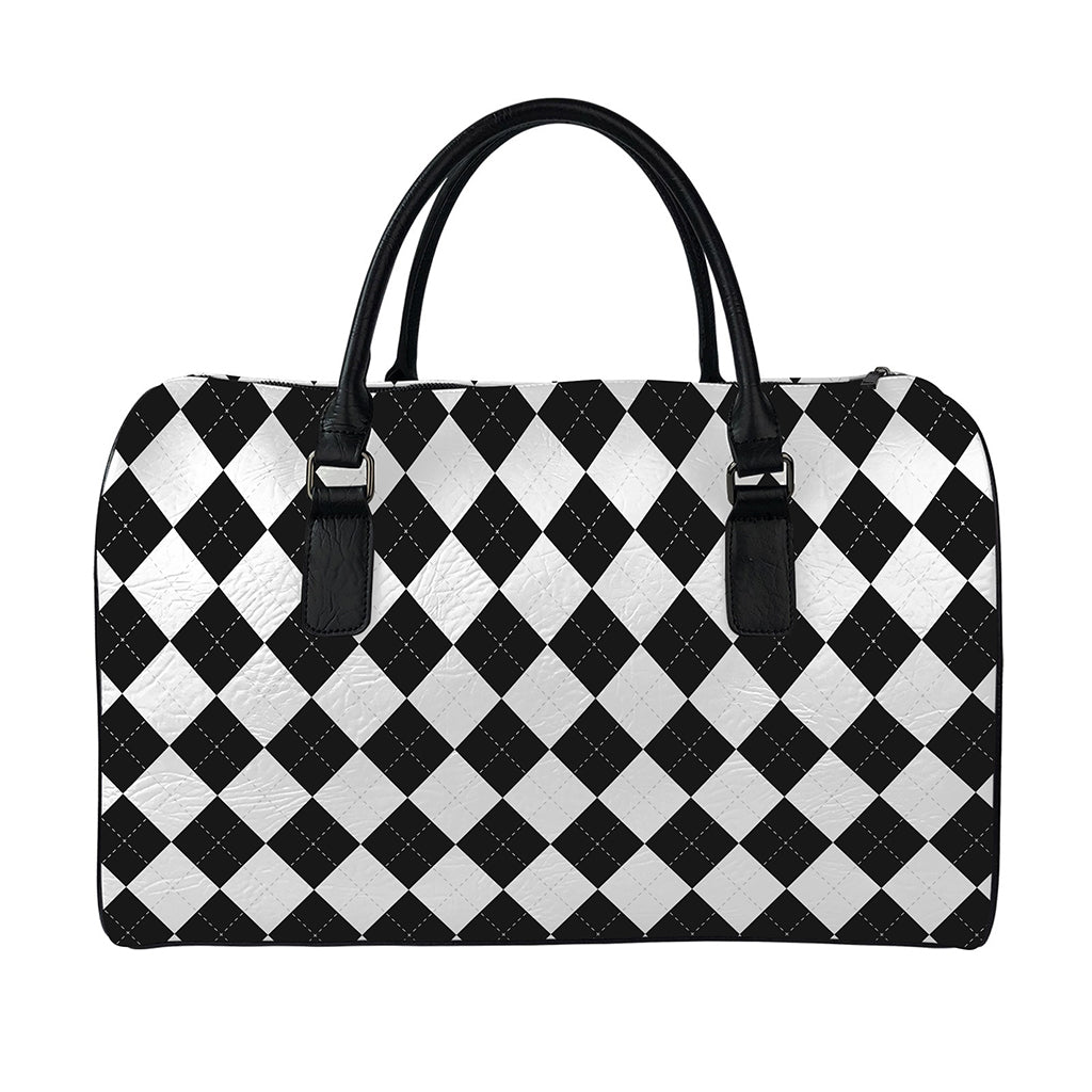 White And Black Argyle Pattern Print Leather Duffle Bag