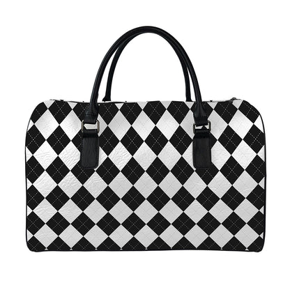 White And Black Argyle Pattern Print Leather Duffle Bag