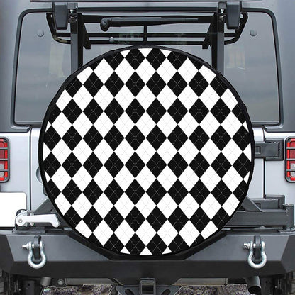 White And Black Argyle Pattern Print Leather Spare Tire Cover