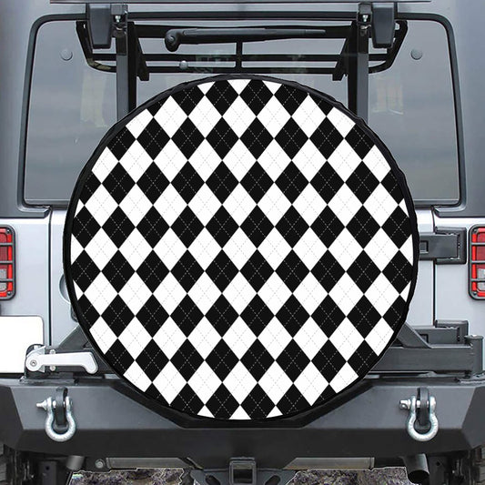 White And Black Argyle Pattern Print Leather Spare Tire Cover