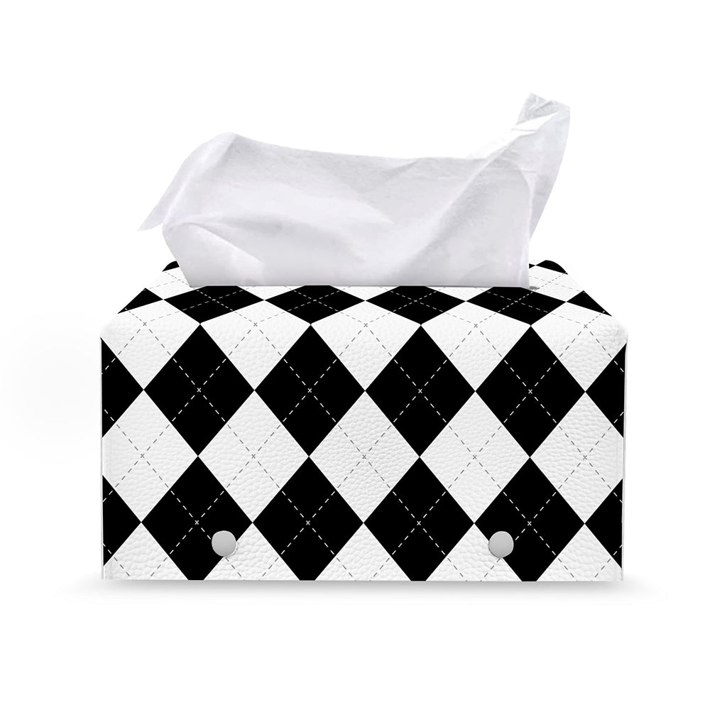 White And Black Argyle Pattern Print Leather Tissue Box Cover