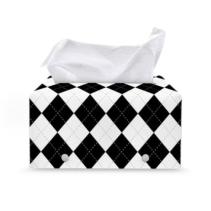 White And Black Argyle Pattern Print Leather Tissue Box Cover