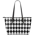 White And Black Argyle Pattern Print Leather Tote Bag With Zipper