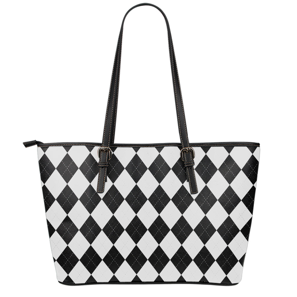 White And Black Argyle Pattern Print Leather Tote Bag