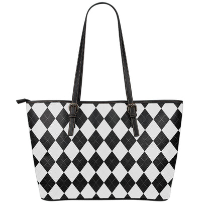 White And Black Argyle Pattern Print Leather Tote Bag