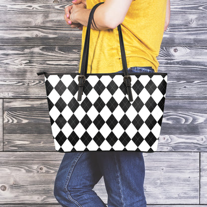 White And Black Argyle Pattern Print Leather Tote Bag