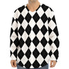 White And Black Argyle Pattern Print Long Sleeve Baseball Jersey