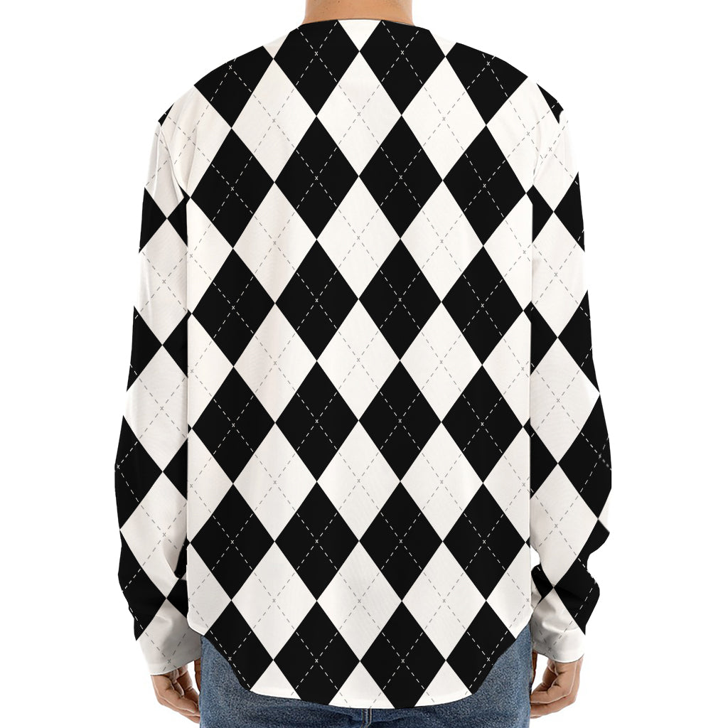 White And Black Argyle Pattern Print Long Sleeve Baseball Jersey