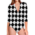 White And Black Argyle Pattern Print Long Sleeve Swimsuit