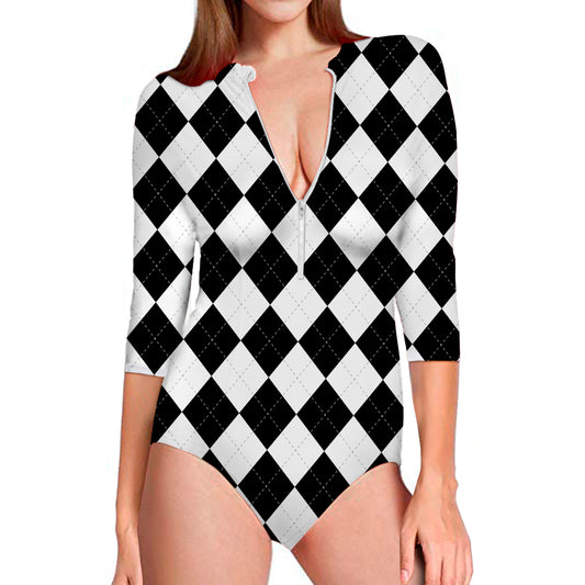 White And Black Argyle Pattern Print Long Sleeve Swimsuit