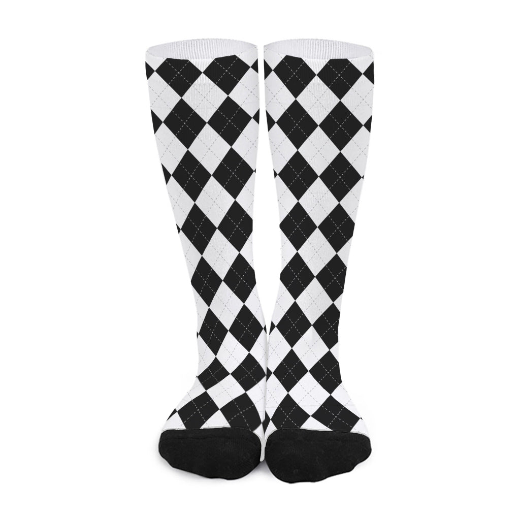 White And Black Argyle Pattern Print Long Socks