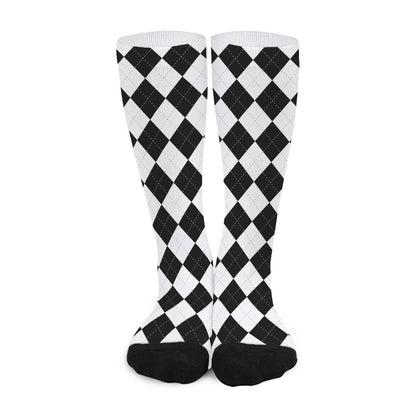 White And Black Argyle Pattern Print Long Socks