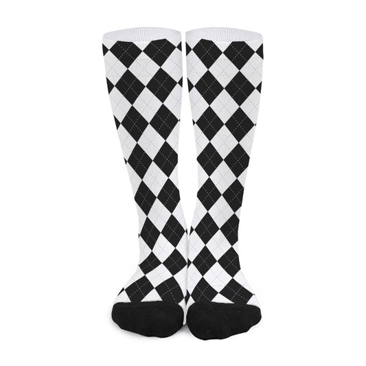 White And Black Argyle Pattern Print Long Socks