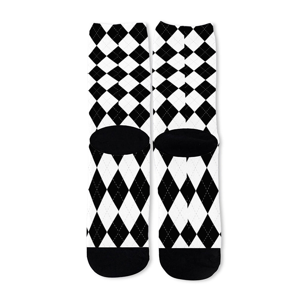 White And Black Argyle Pattern Print Long Socks
