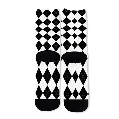 White And Black Argyle Pattern Print Long Socks