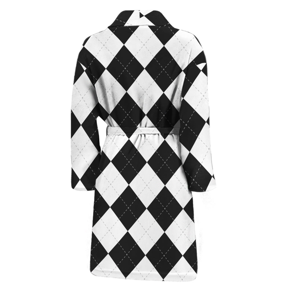 White And Black Argyle Pattern Print Men's Bathrobe