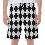 White And Black Argyle Pattern Print Men's Beach Shorts