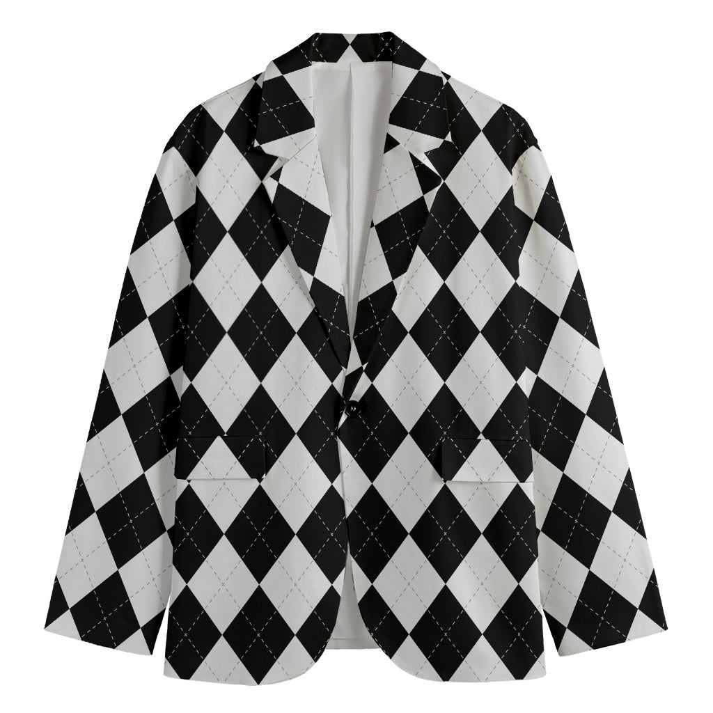 White And Black Argyle Pattern Print Men's Blazer