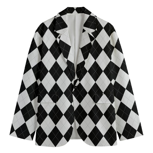 White And Black Argyle Pattern Print Men's Blazer