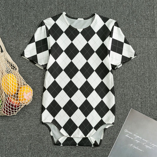 White And Black Argyle Pattern Print Men's Bodysuit
