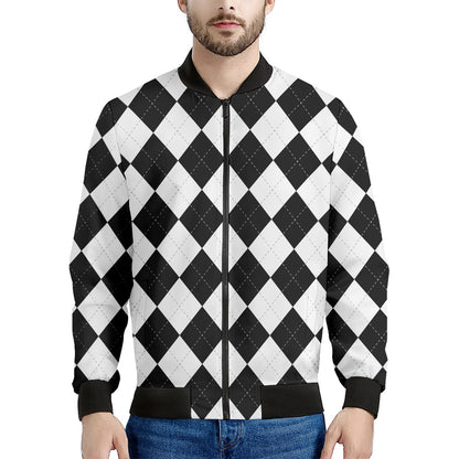 White And Black Argyle Pattern Print Men's Bomber Jacket