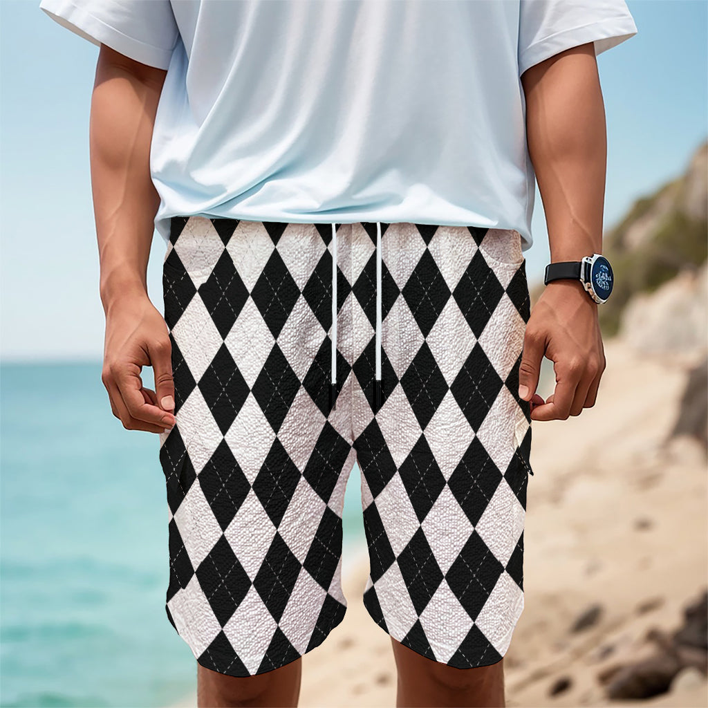 White And Black Argyle Pattern Print Men's Cargo Shorts