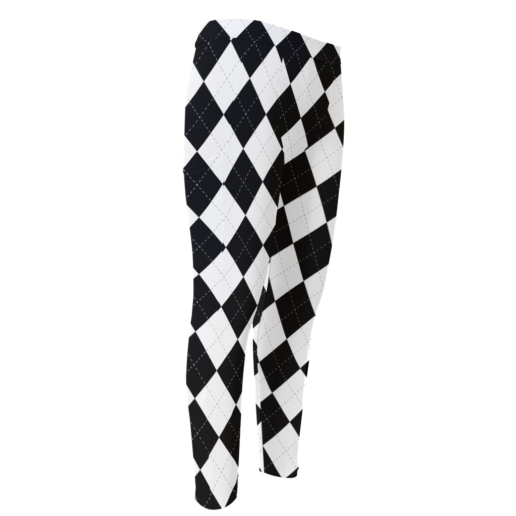 White And Black Argyle Pattern Print Men's Compression Pants