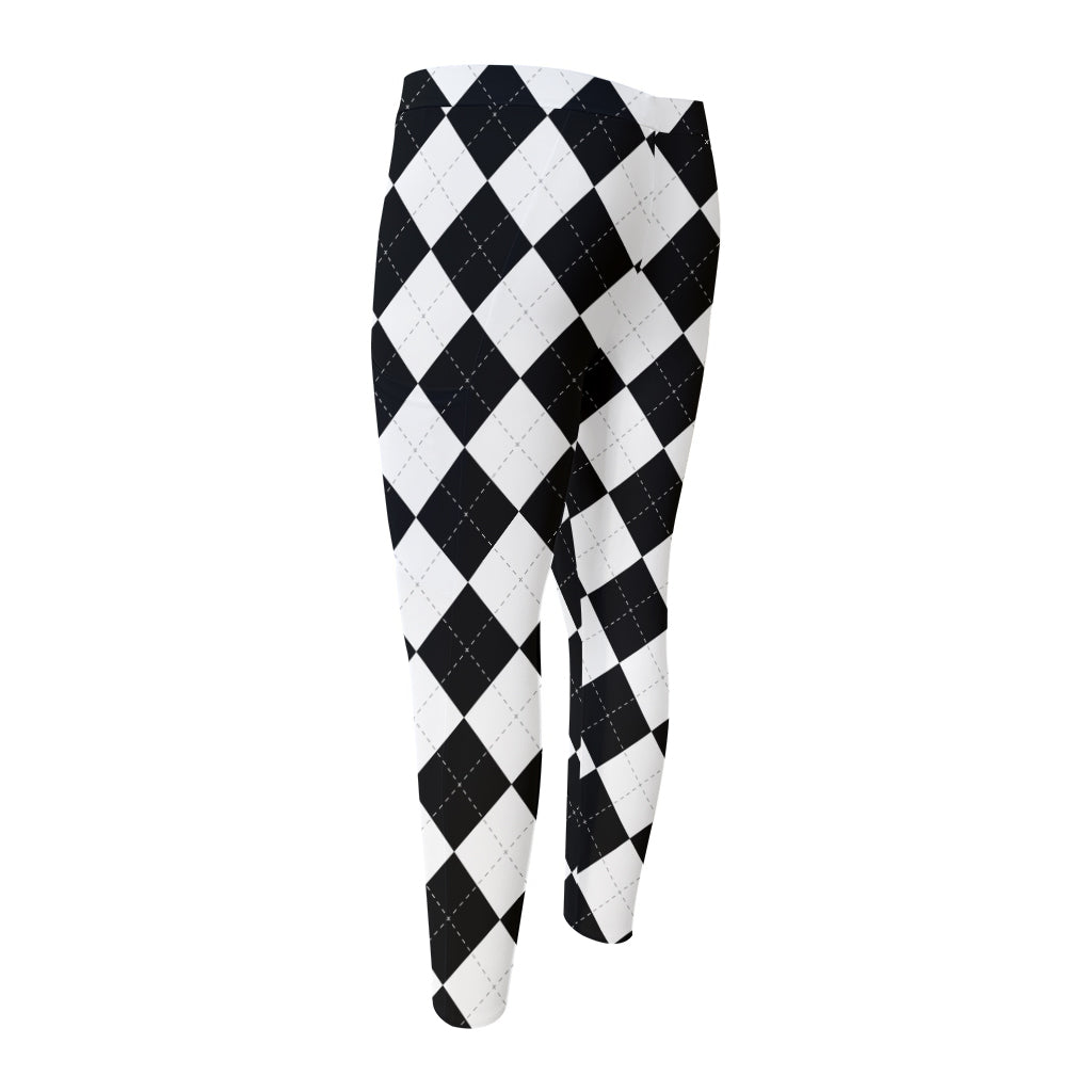 White And Black Argyle Pattern Print Men's Compression Pants