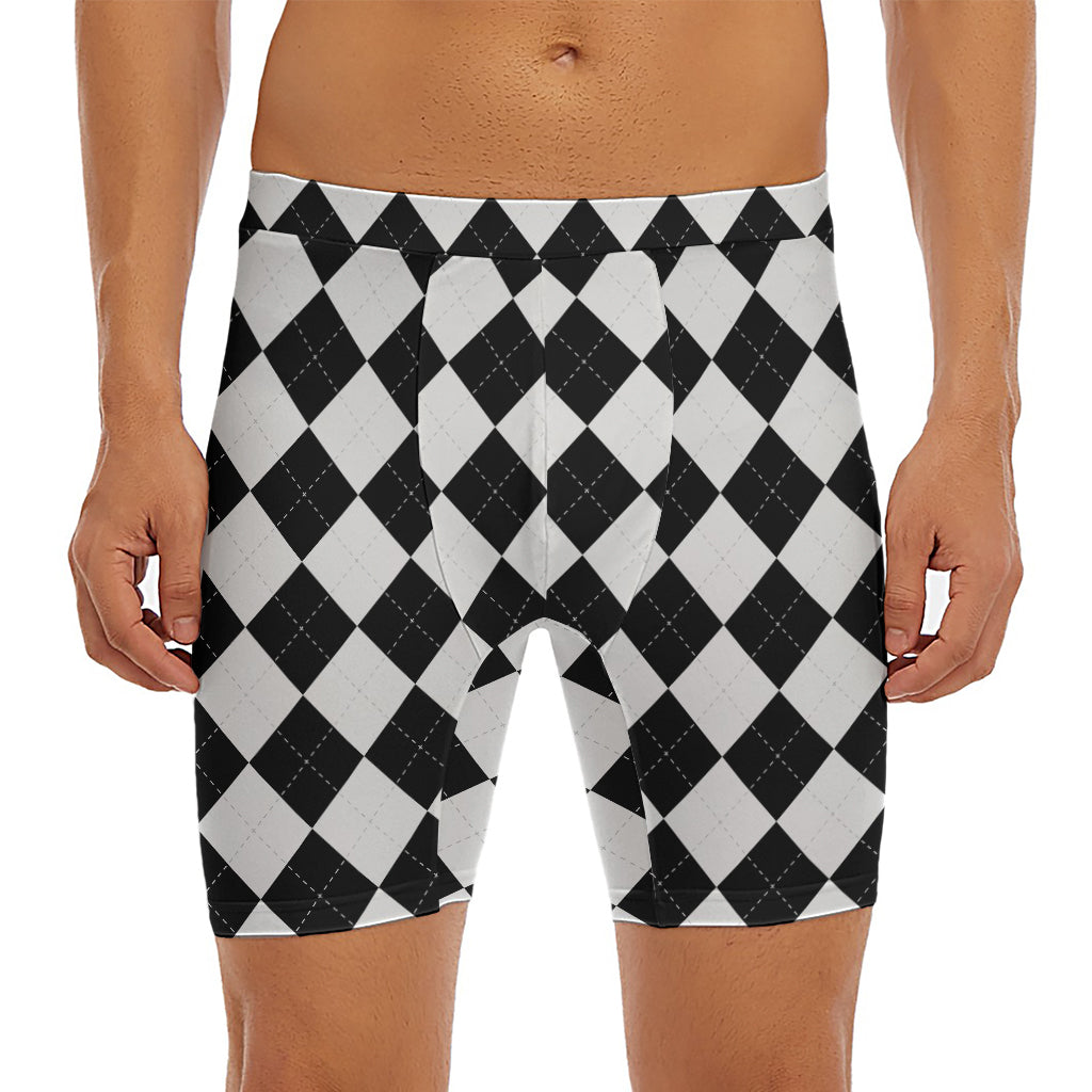 White And Black Argyle Pattern Print Men's Long Boxer Briefs