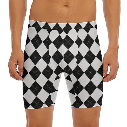 White And Black Argyle Pattern Print Men's Long Boxer Briefs