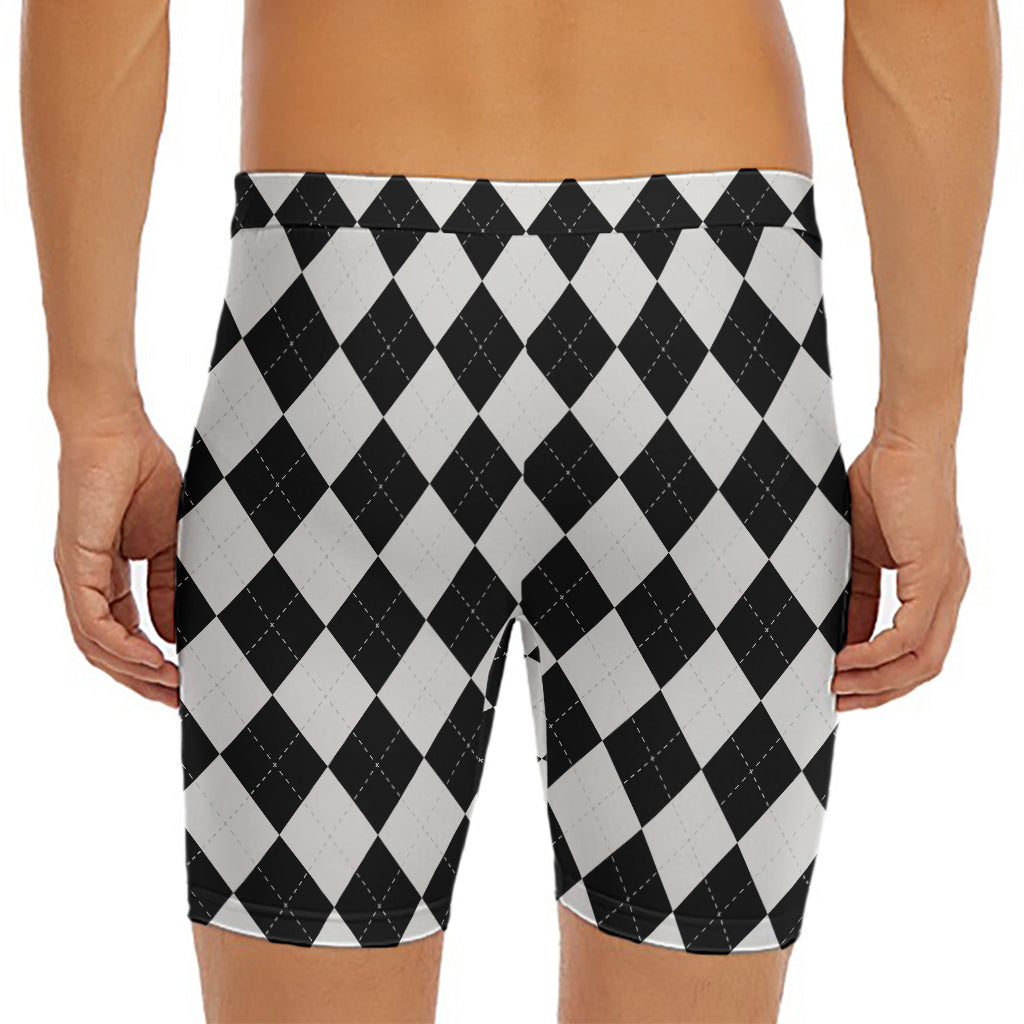 White And Black Argyle Pattern Print Men's Long Boxer Briefs
