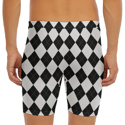 White And Black Argyle Pattern Print Men's Long Boxer Briefs