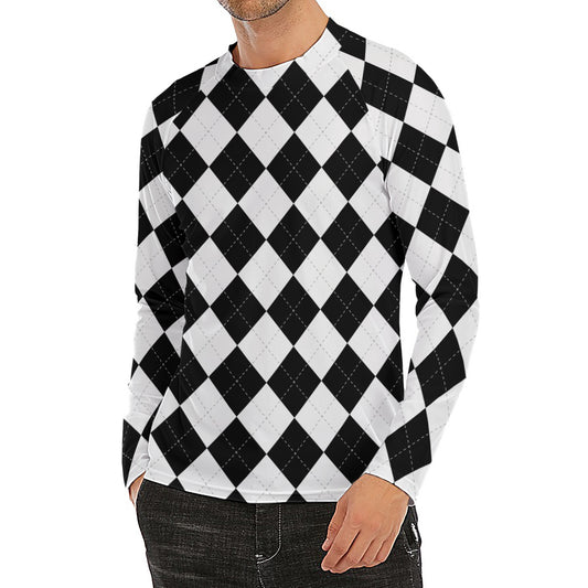 White And Black Argyle Pattern Print Men's Long Sleeve Rash Guard