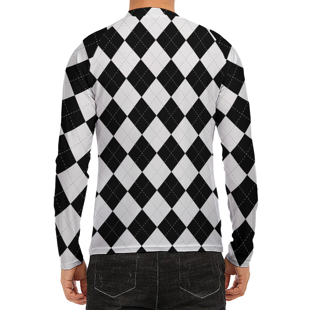 White And Black Argyle Pattern Print Men's Long Sleeve Rash Guard