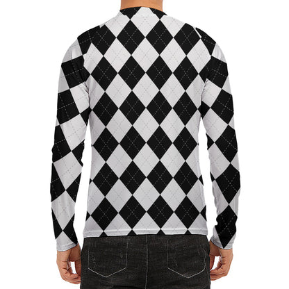 White And Black Argyle Pattern Print Men's Long Sleeve Rash Guard