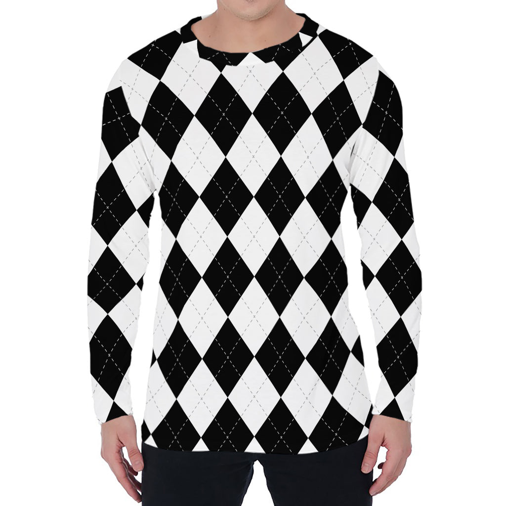 White And Black Argyle Pattern Print Men's Long Sleeve T-Shirt
