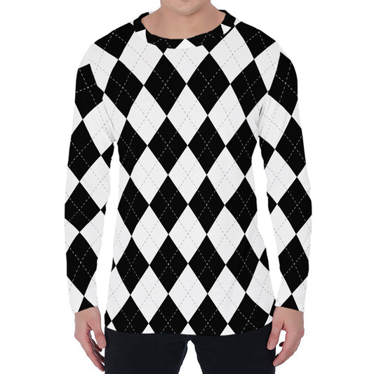 White And Black Argyle Pattern Print Men's Long Sleeve T-Shirt