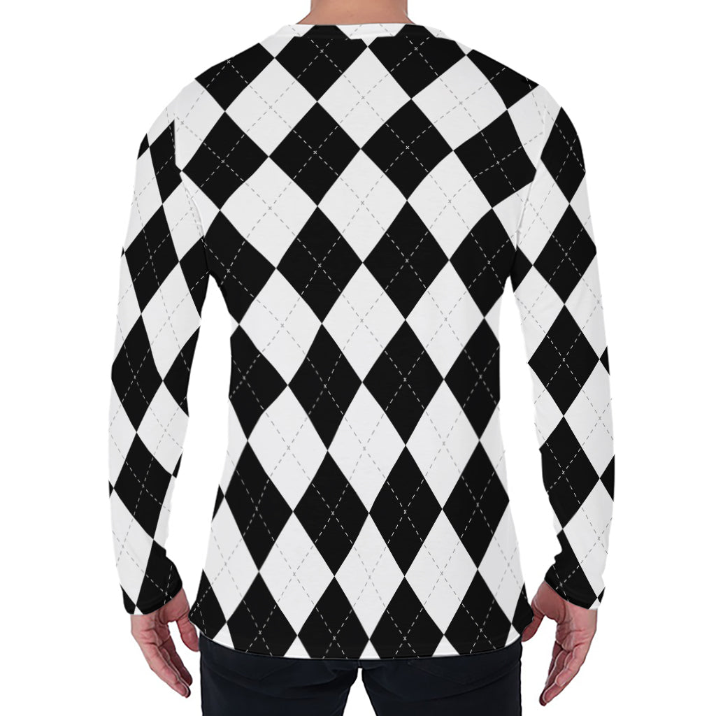 White And Black Argyle Pattern Print Men's Long Sleeve T-Shirt